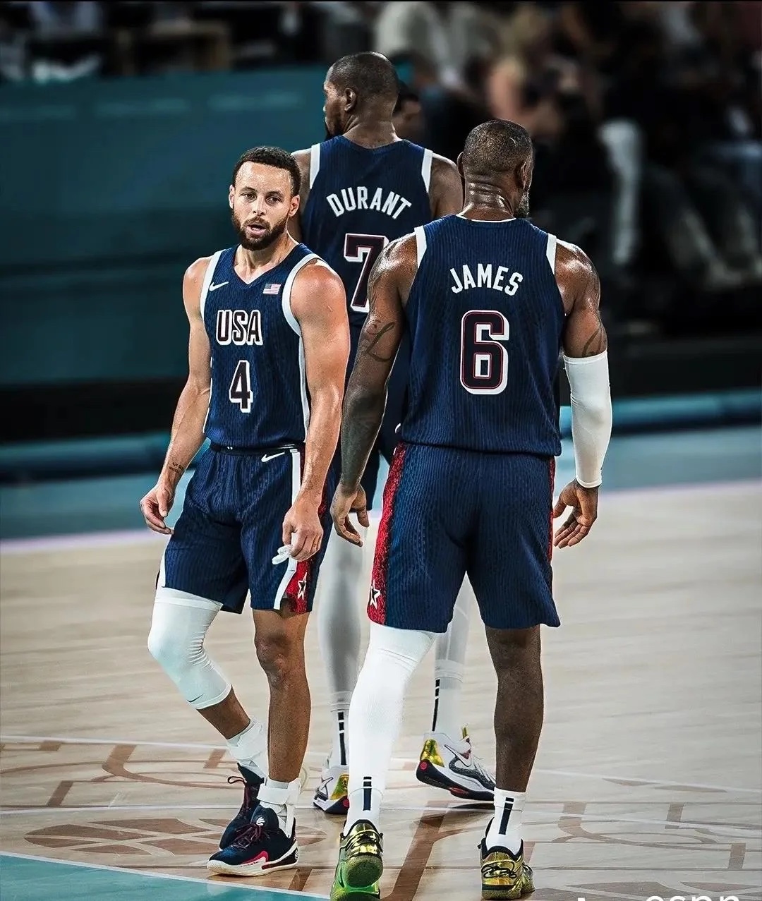 Stephen Curry, Kevin Durant, and LeBron James in Team USA jerseys